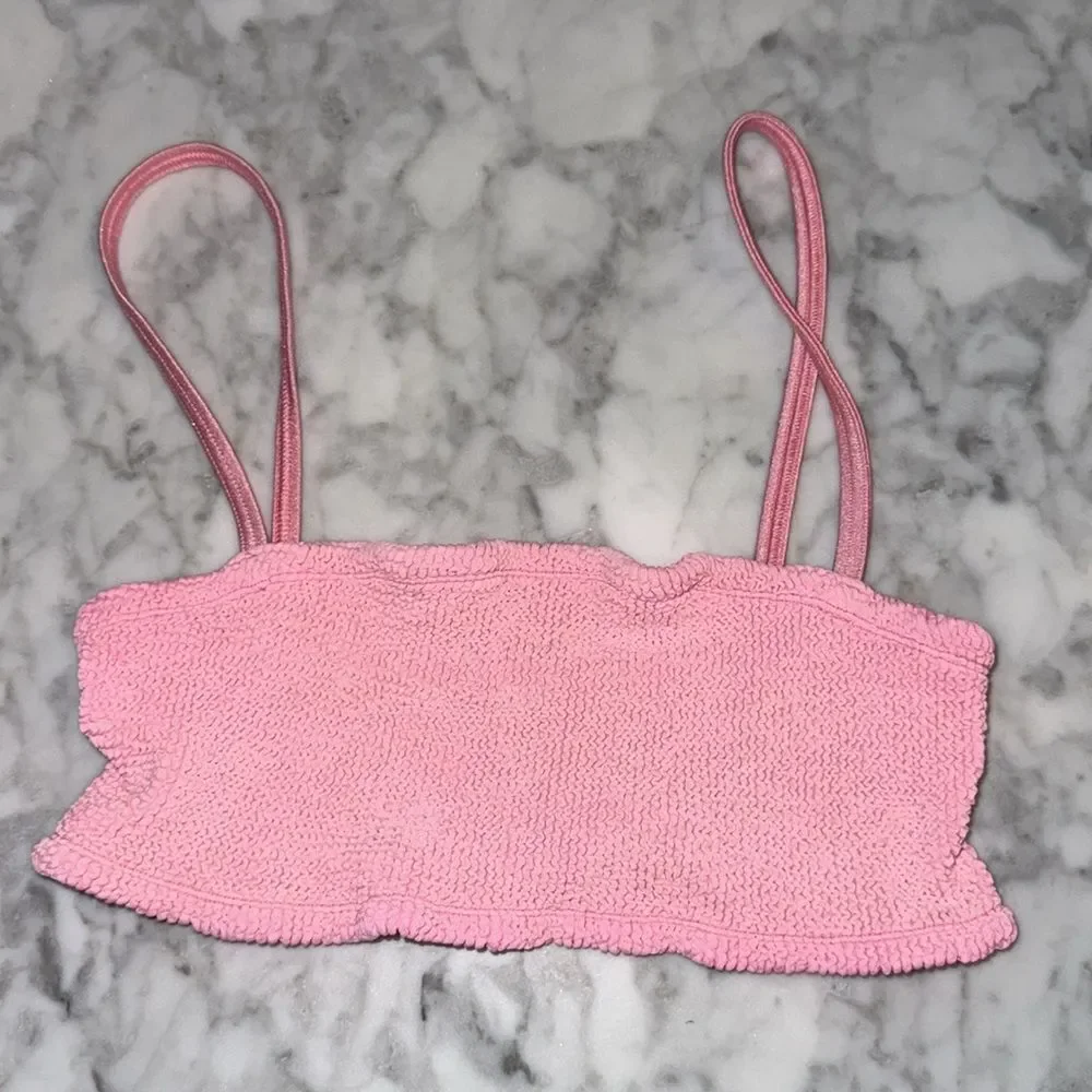 HUNZA G BUBBLEGUM PINK CRINKLE STRETCH GIGI BIKINI SET ONE SIZE FITS ALL